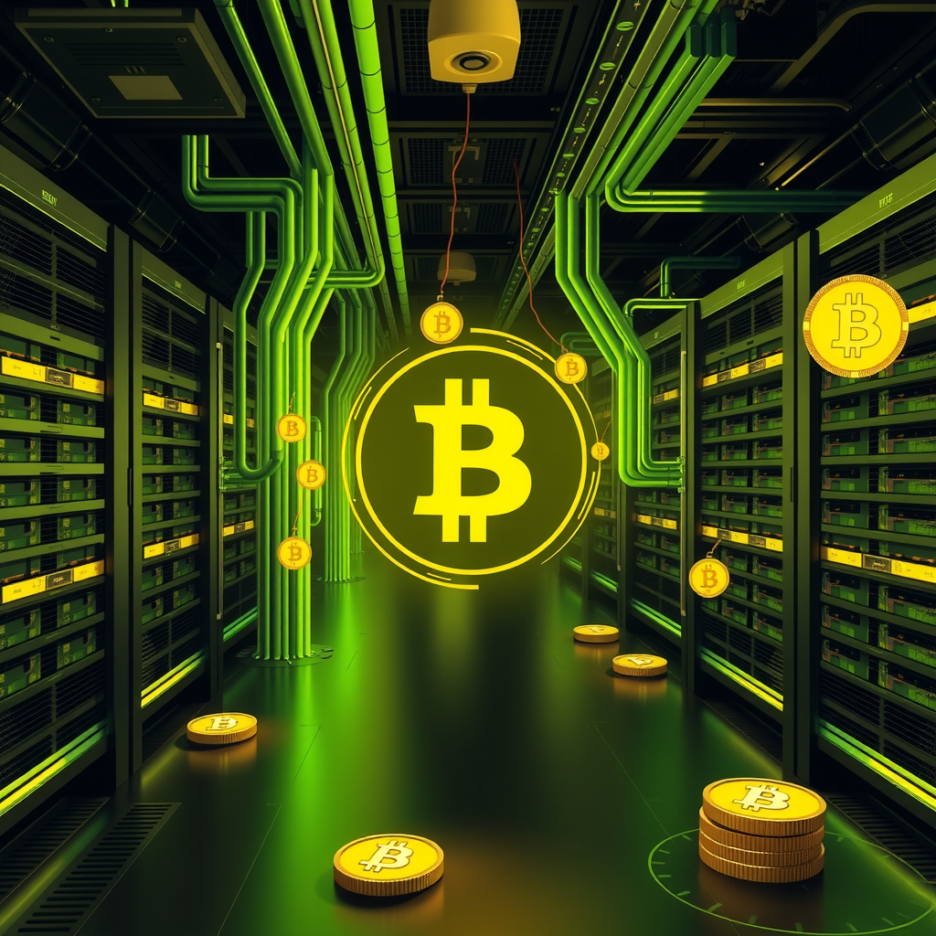 Create a image showing a crypto mining data center which is producing bitcoins or other crypto currencies