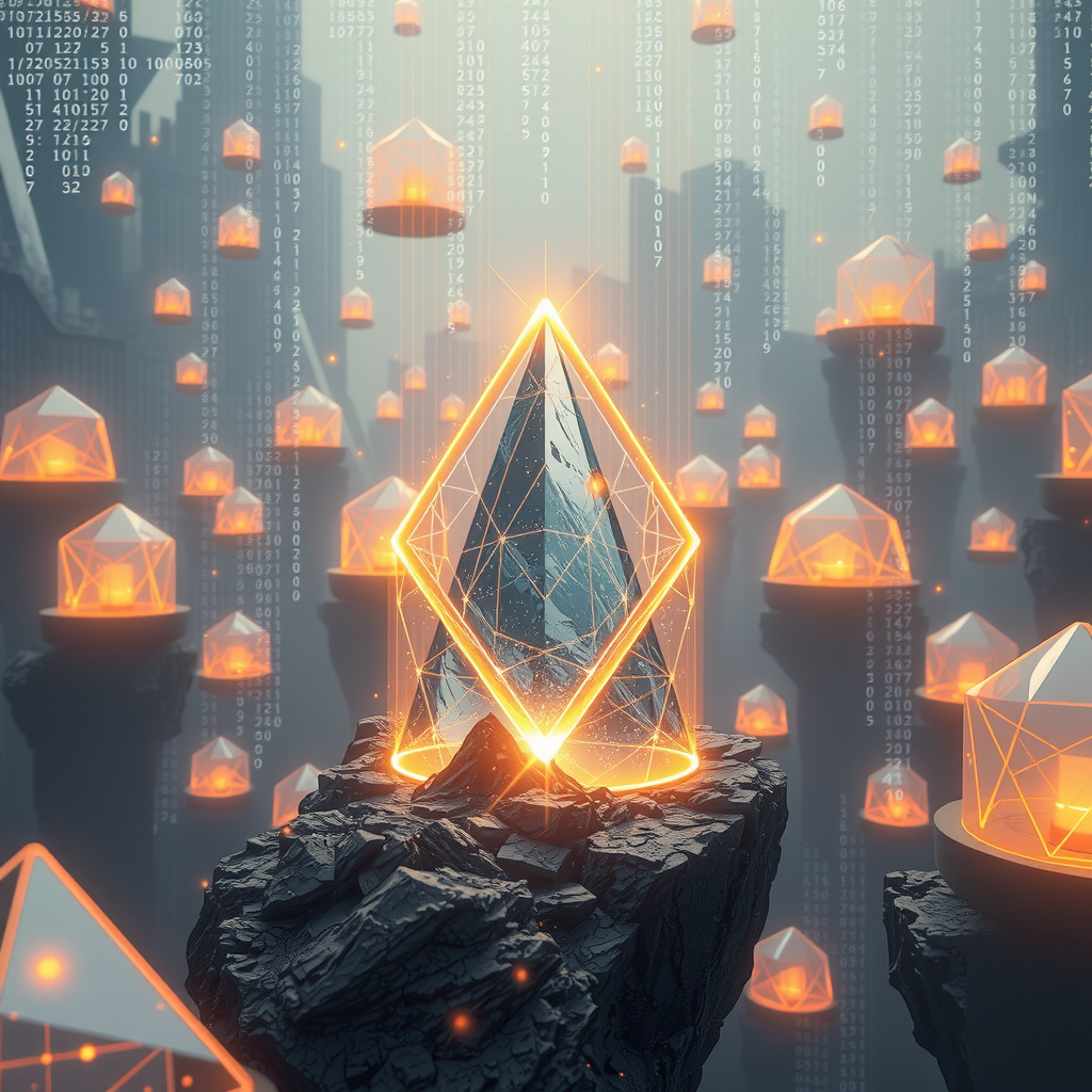 Create an image inspired by the concept of Non-Fungible Tokens or NFTs. The artwork could be a stunning landscape or complex abstract design, surrounded by the ethereal glow of blockchain code strings, hinting at the underpinning technology of NFTs. In the background, portray a digital marketplace, filled with other similar prisms, making a scene that feels futuristic and exploring the excitement and intrigue surrounding the digitized art market.