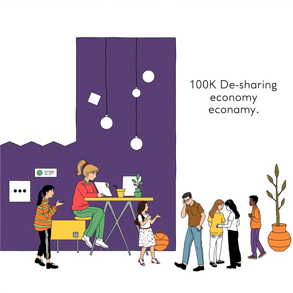 Erstelle ein bild das die shared economy illustriert. Der Begriff der Sharing Economy meint das systematische Ausleihen von Gegenständen und gegenseitige Bereitstellen von Räumen und Flächen, insbesondere durch Privatpersonen und Interessengruppen. Im Mittelpunkt steht die Collaborative Consumption, der Gemeinschaftskonsum.