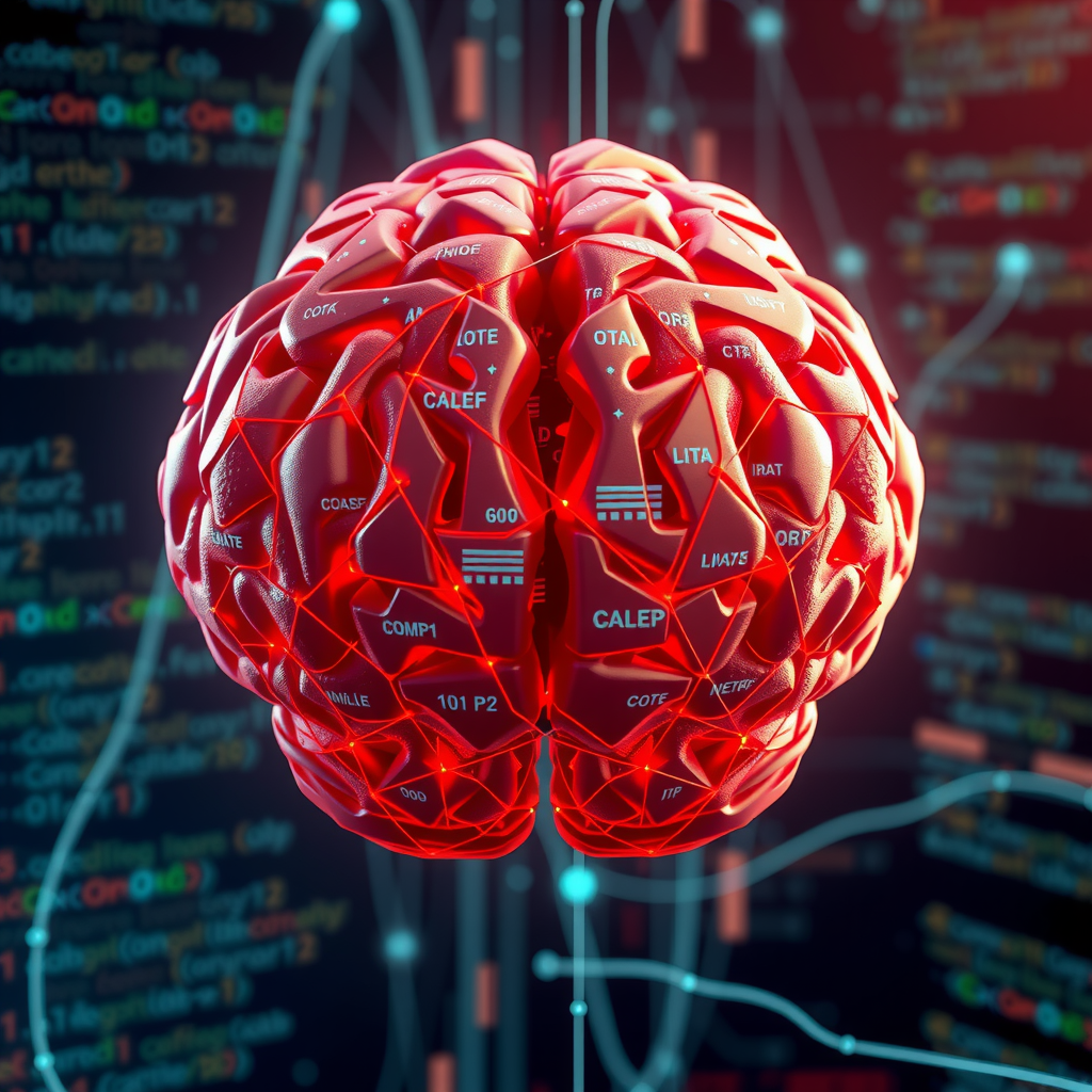 ai-generated image of a digital brain made of code and data, symbolizing complex algorithmic thinking
