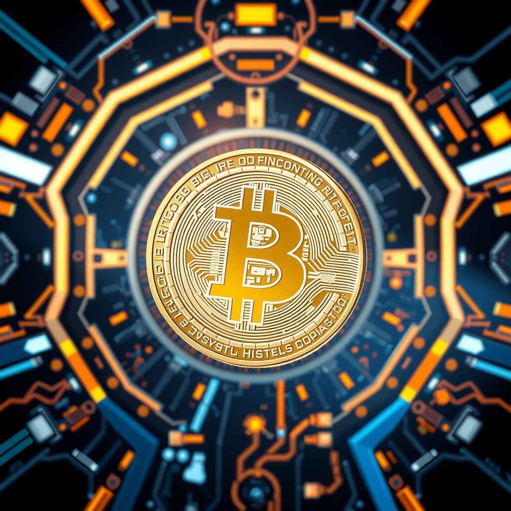 Generate a image showing a bitcoin (BTC) in a futuristic background