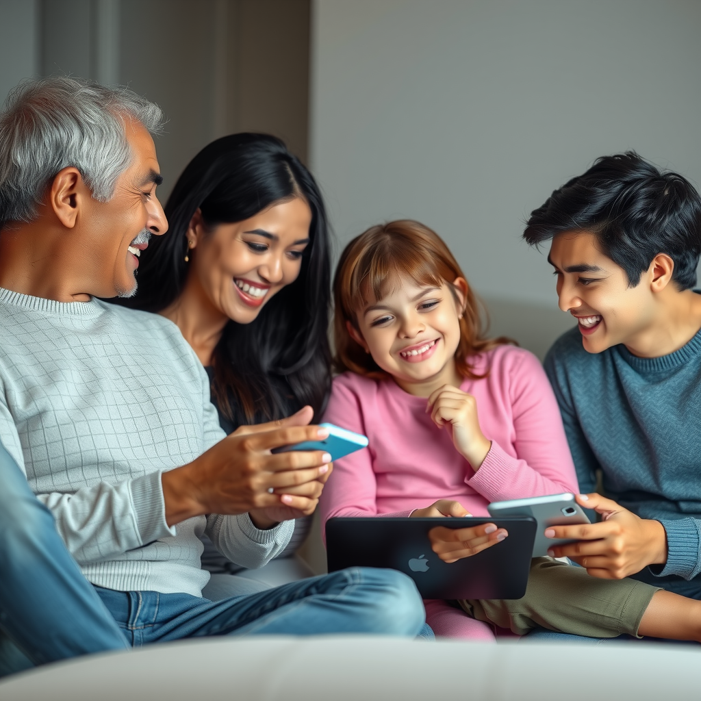 ai-generated image of a happy family engaging with a smart AI assistant, receiving helpful insights