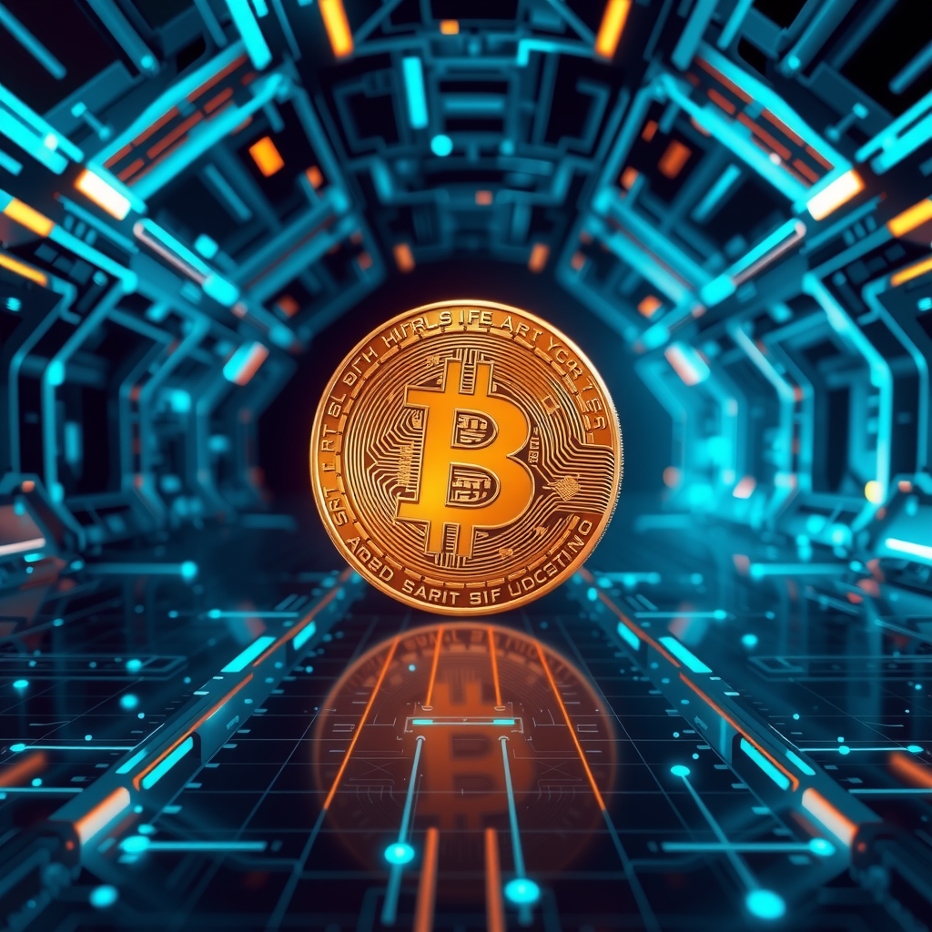 Generate a image showing a bitcoin (BTC) in a futuristic background