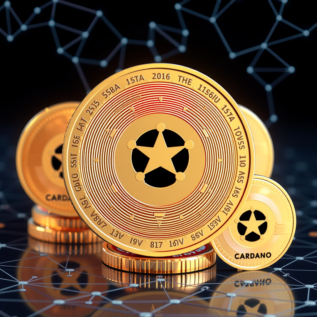 Create a image showing coins with the Cardano logo to illustrate crypto currency. The background can be abstract and futuristic e.g show a blockchain which is a network with nodes and edges