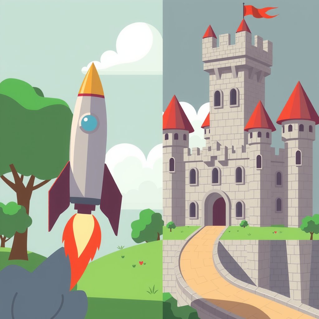 A race between a rocket (speed) and a fortified castle (stability).