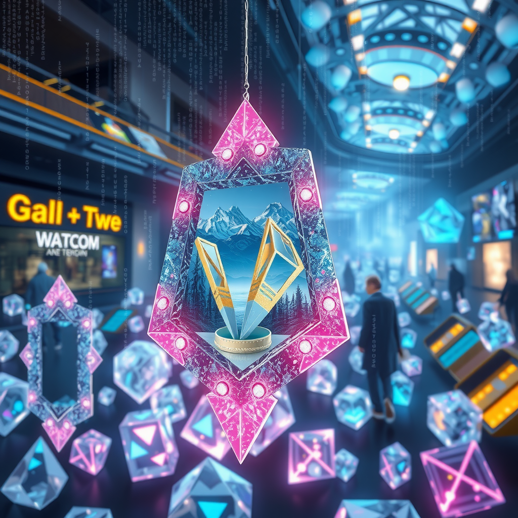 Create an image inspired by the concept of Non-Fungible Tokens or NFTs. The artwork could be a stunning landscape or complex abstract design, surrounded by the ethereal glow of blockchain code strings, hinting at the underpinning technology of NFTs. In the background, portray a digital marketplace, filled with other similar prisms, making a scene that feels futuristic and exploring the excitement and intrigue surrounding the digitized art market.