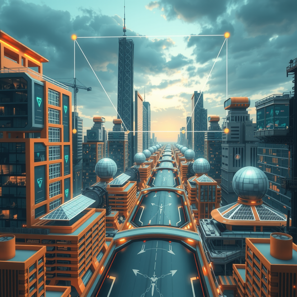 A futuristic city powered by decentralized blockchain nodes, showing a transparent system.
