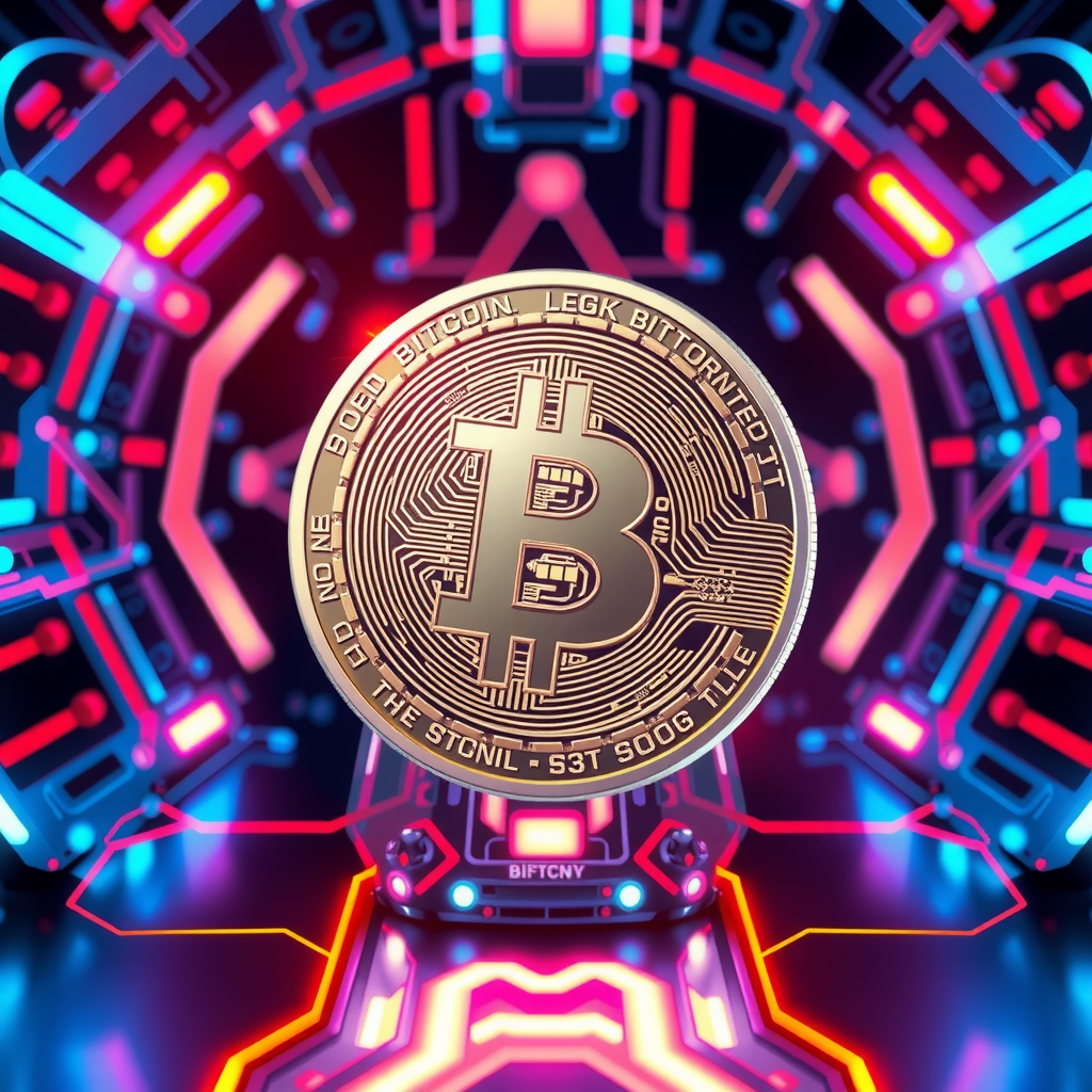 Generate a image showing a bitcoin (BTC) in a futuristic background