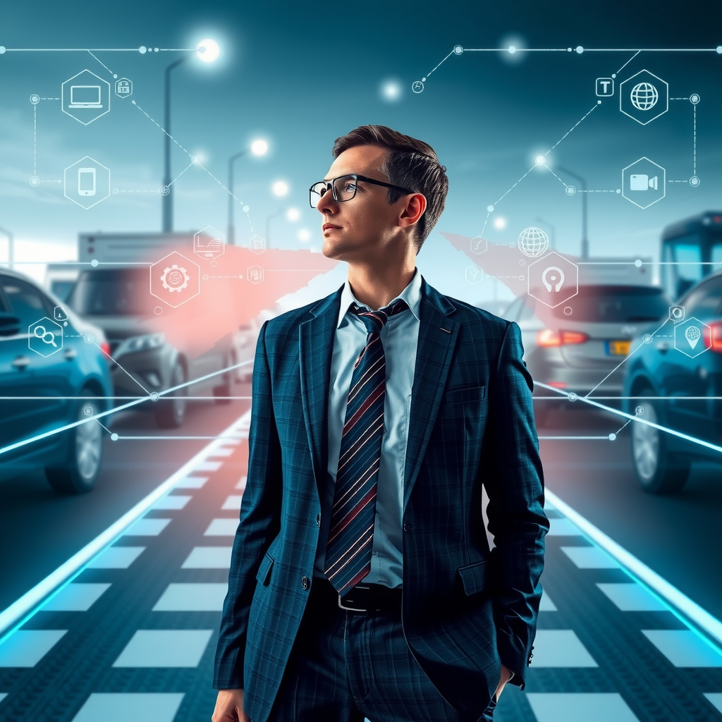 ai-generated image of a business professional facing crossroads, with tech-inspired solutions visualized around them