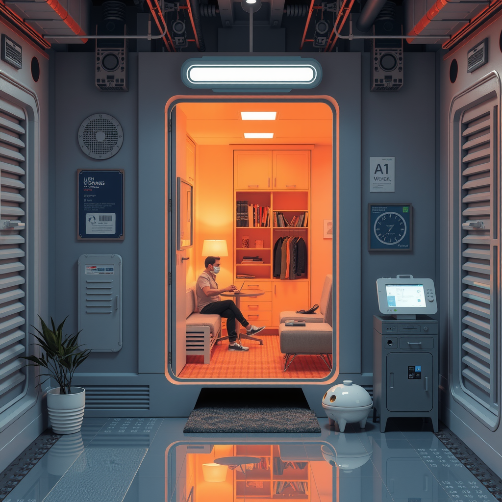 ai-generated image of a futuristic storage-sharing economy, showing people renting out spaces