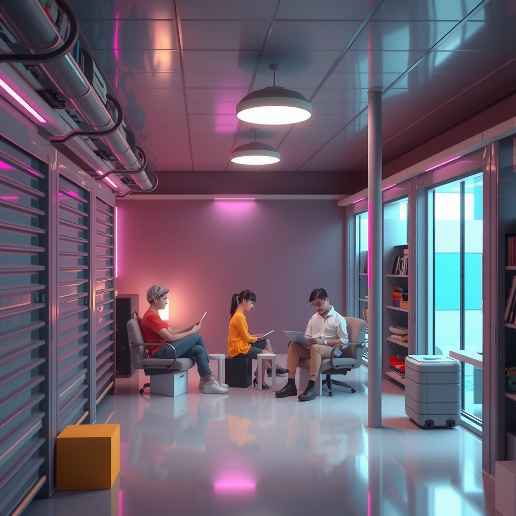 ai-generated image of a futuristic storage-sharing economy, showing people renting out spaces