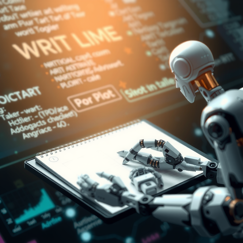ai-generated image of an AI robot writing on a digital notepad, with words forming dynamically