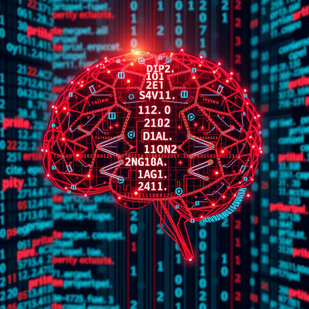 ai-generated image of a digital brain made of code and data, symbolizing complex algorithmic thinking