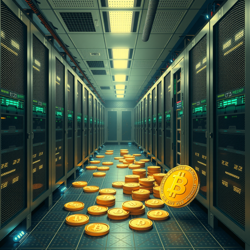 Create a image showing a crypto mining data center which is producing bitcoins or other crypto currencies