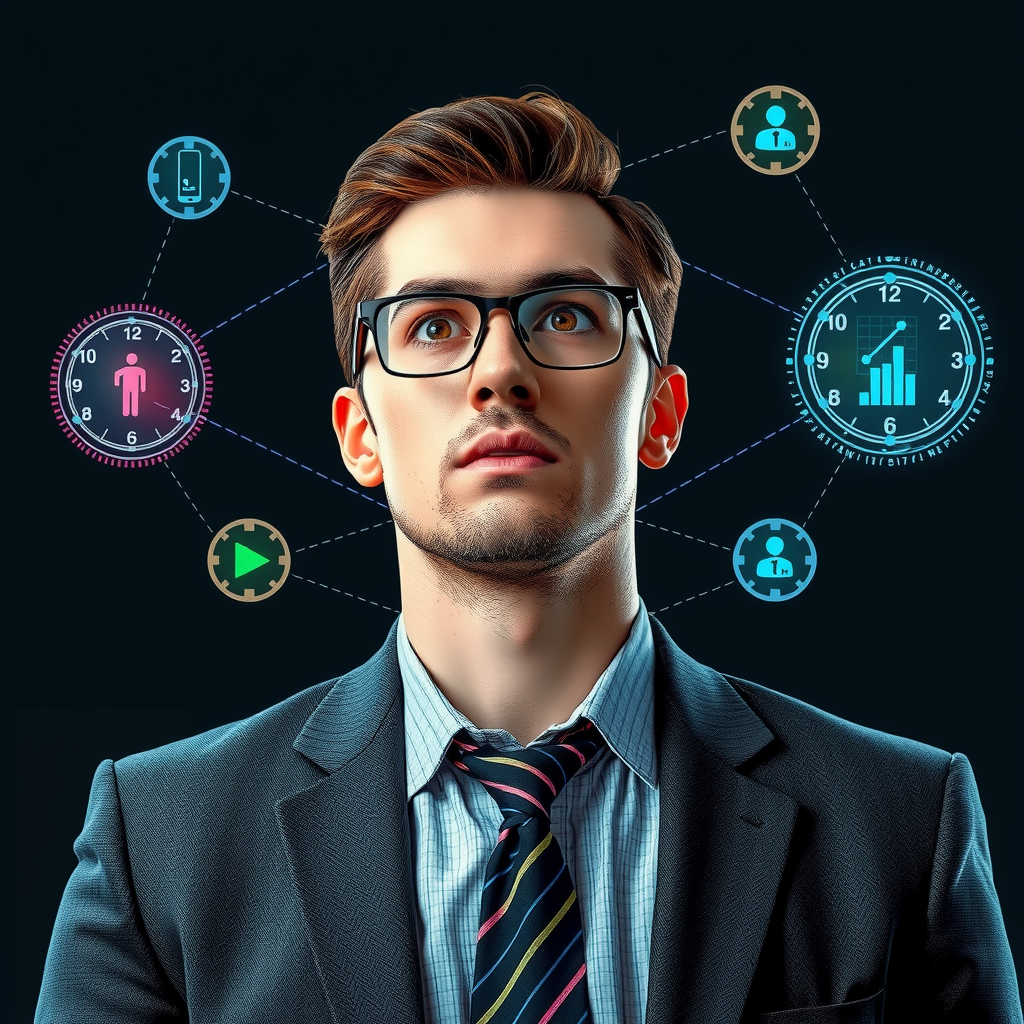 ai-generated image of a business professional facing crossroads, with tech-inspired solutions visualized around them
