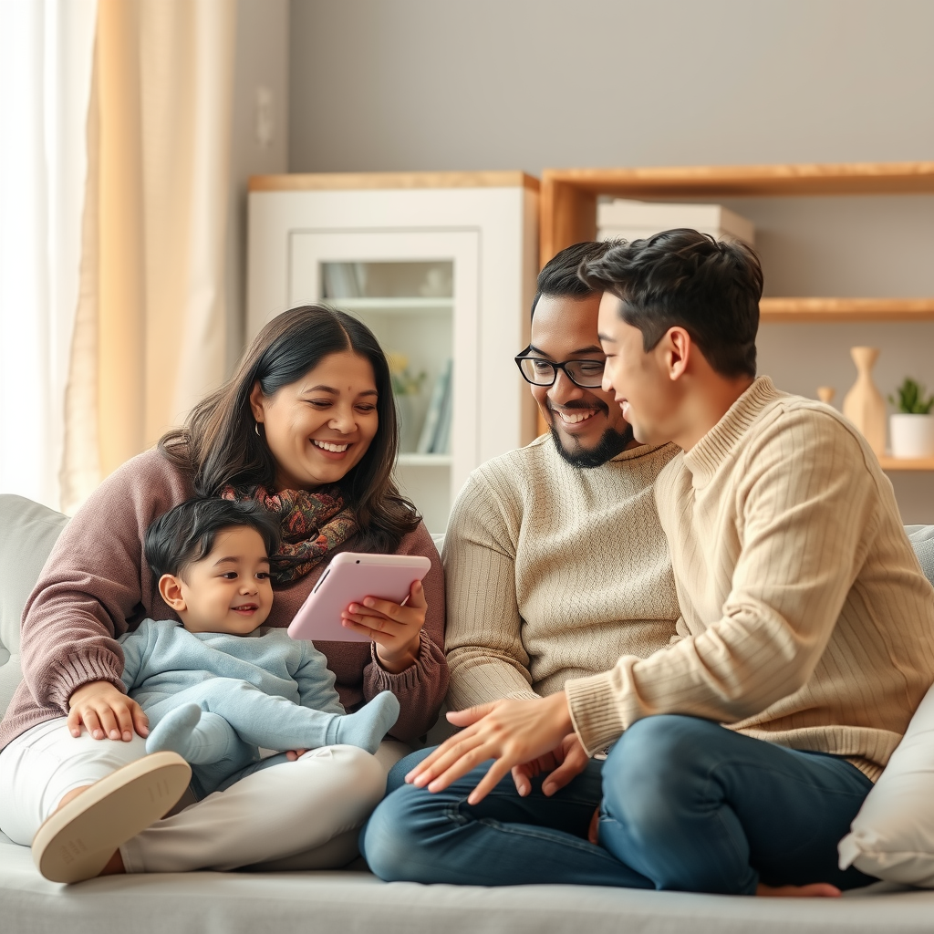 ai-generated image of a happy family engaging with a smart AI assistant, receiving helpful insights