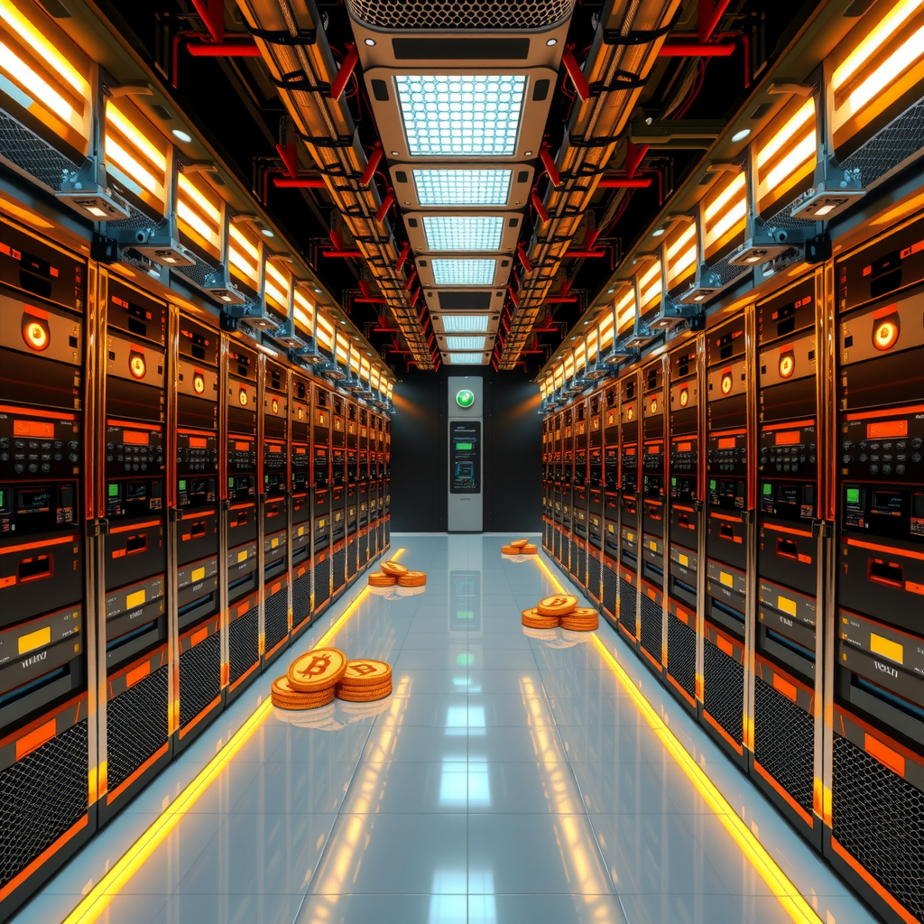 Create a image showing a crypto mining data center which is producing bitcoins or other crypto currencies