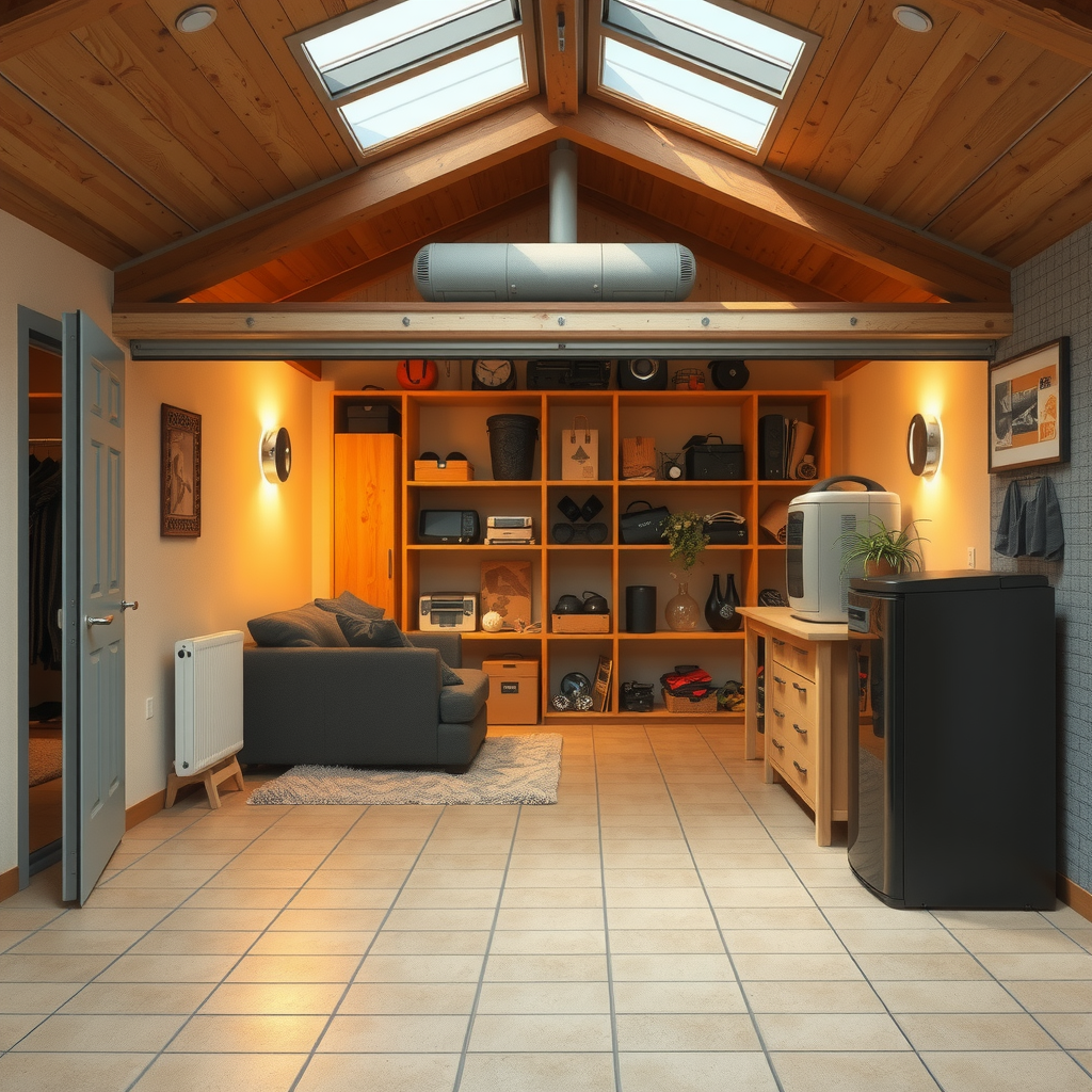 Erstelle ein Bild das zeigt wie private Lagerungsräume aussehen könnten wie z.B. ein Keller, ein Raum in einer Wohnung oder Einfamilienhaus. Es könnte auch eine Garage sein oder ein andere Ort indem man gut Sachen lagern kann.