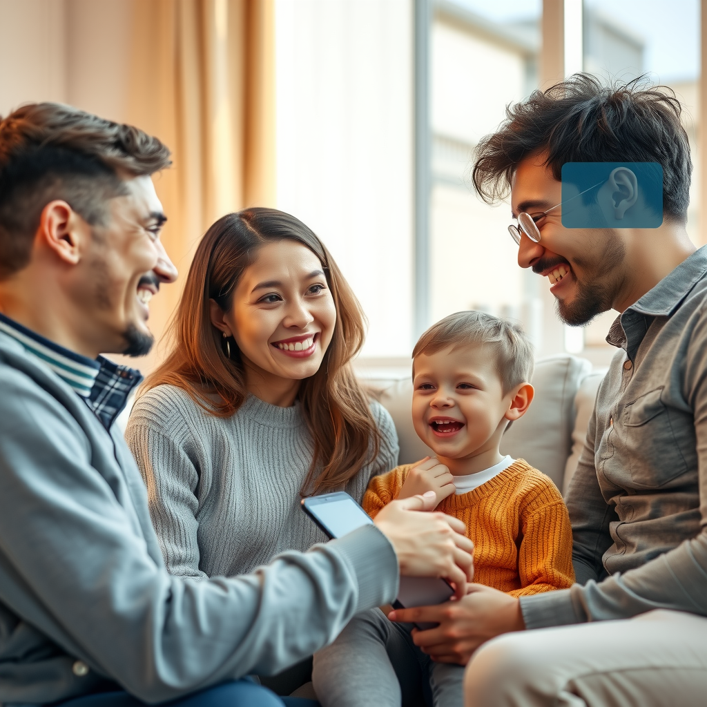 ai-generated image of a happy family engaging with a smart AI assistant, receiving helpful insights