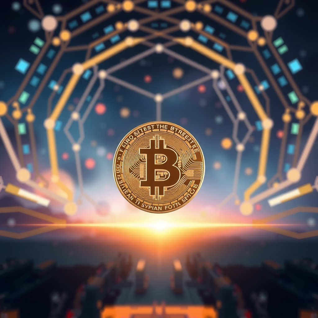 Generate a image showing a bitcoin (BTC) in a futuristic background