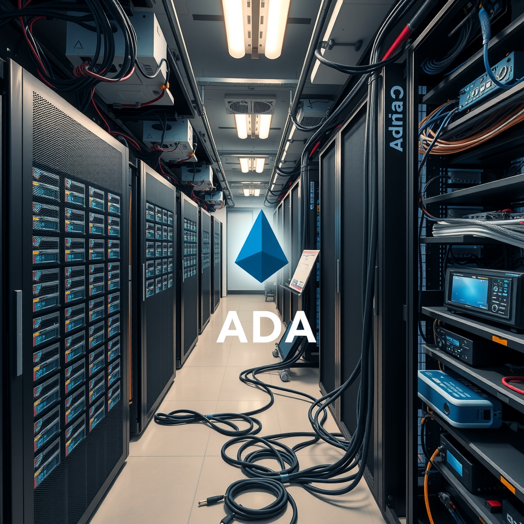 A technical environment with computers, servers, routers and cables mining crypto currencies like cardano ADA.