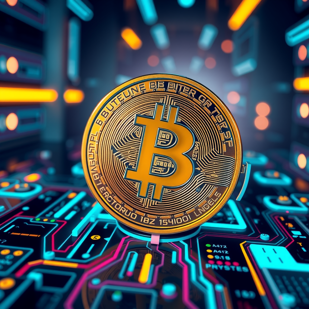 Generate a image showing a bitcoin (BTC) in a futuristic background