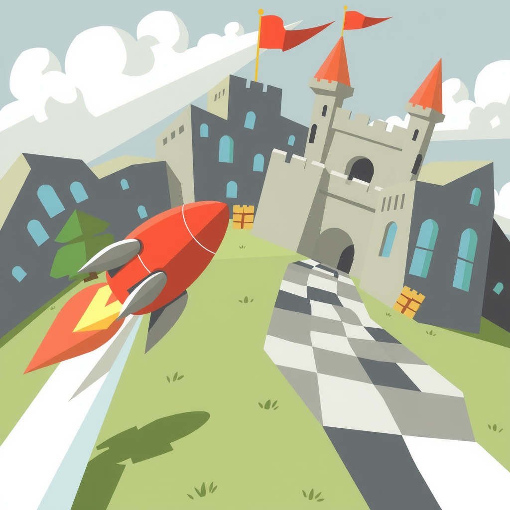 A race between a rocket (speed) and a fortified castle (stability).