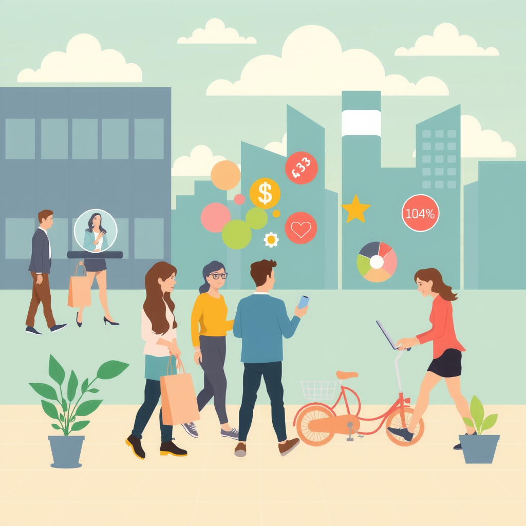 Erstelle ein bild das die shared economy illustriert. Der Begriff der Sharing Economy meint das systematische Ausleihen von Gegenständen und gegenseitige Bereitstellen von Räumen und Flächen, insbesondere durch Privatpersonen und Interessengruppen. Im Mittelpunkt steht die Collaborative Consumption, der Gemeinschaftskonsum.