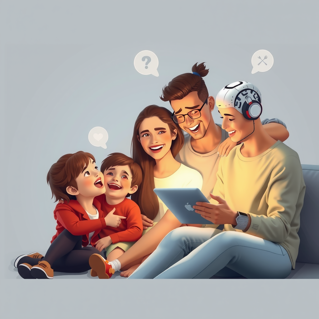ai-generated image of a happy family engaging with a smart AI assistant, receiving helpful insights