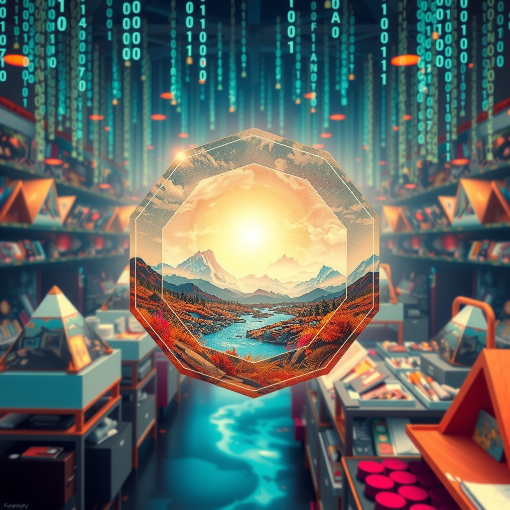 Create an image inspired by the concept of Non-Fungible Tokens or NFTs. The artwork could be a stunning landscape or complex abstract design, surrounded by the ethereal glow of blockchain code strings, hinting at the underpinning technology of NFTs. In the background, portray a digital marketplace, filled with other similar prisms, making a scene that feels futuristic and exploring the excitement and intrigue surrounding the digitized art market.