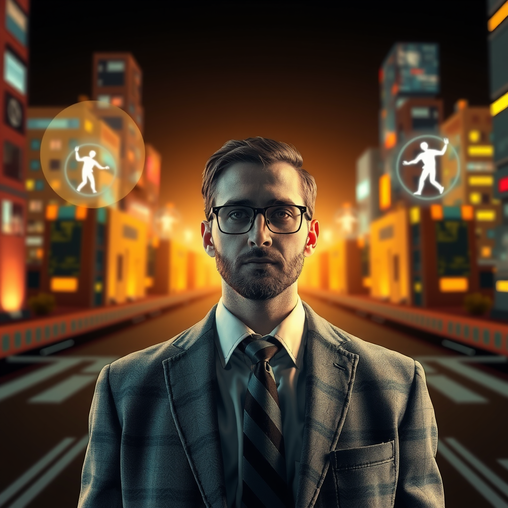 ai-generated image of a business professional facing crossroads, with tech-inspired solutions visualized around them