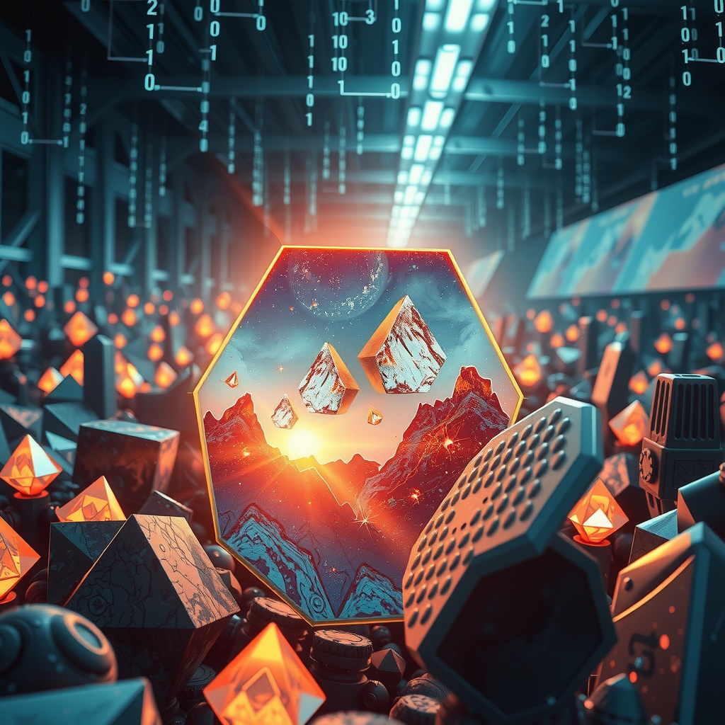 Create an image inspired by the concept of Non-Fungible Tokens or NFTs. The artwork could be a stunning landscape or complex abstract design, surrounded by the ethereal glow of blockchain code strings, hinting at the underpinning technology of NFTs. In the background, portray a digital marketplace, filled with other similar prisms, making a scene that feels futuristic and exploring the excitement and intrigue surrounding the digitized art market.