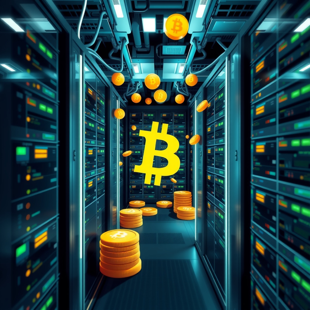 Create a image showing a crypto mining data center which is producing bitcoins or other crypto currencies