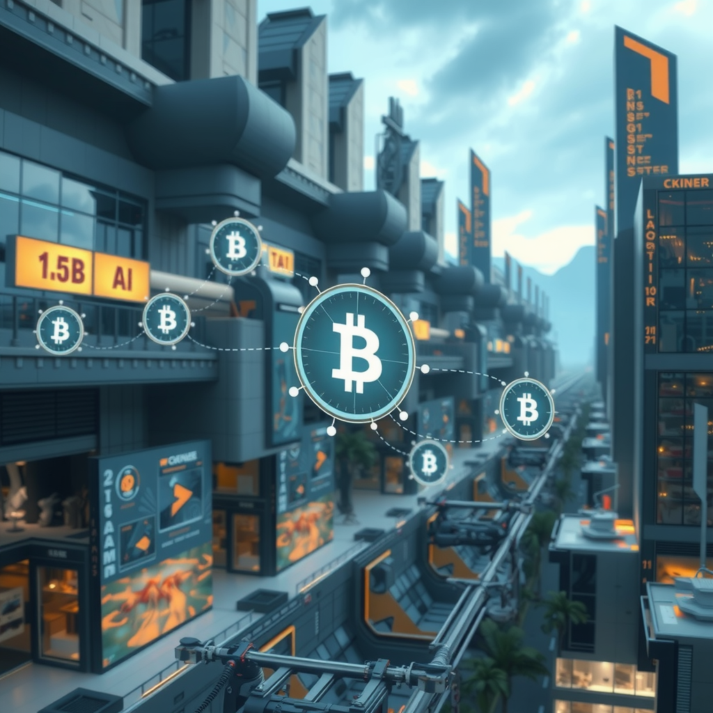 A futuristic city powered by decentralized blockchain nodes, showing a transparent system.