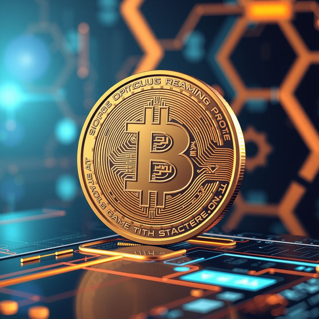 Generate a image showing a bitcoin (BTC) in a futuristic background