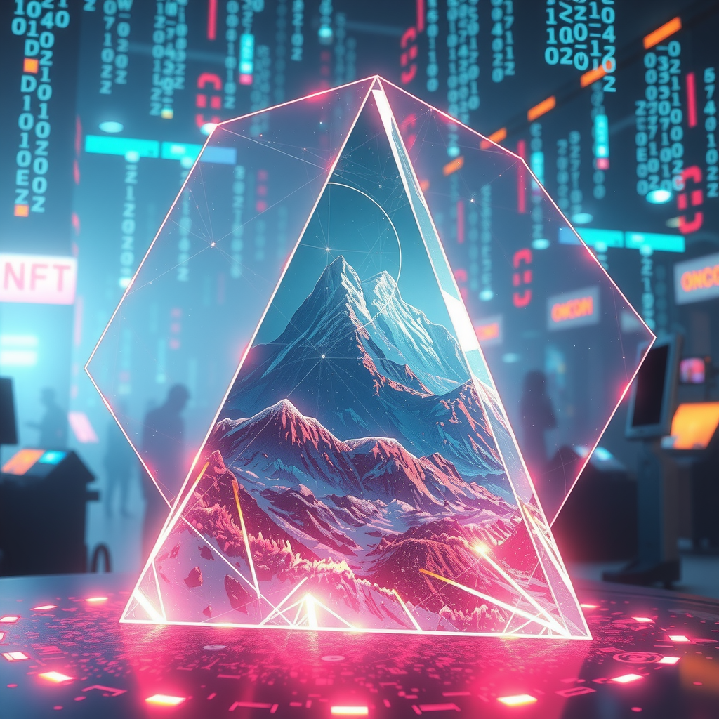 Create an image inspired by the concept of Non-Fungible Tokens or NFTs. The artwork could be a stunning landscape or complex abstract design, surrounded by the ethereal glow of blockchain code strings, hinting at the underpinning technology of NFTs. In the background, portray a digital marketplace, filled with other similar prisms, making a scene that feels futuristic and exploring the excitement and intrigue surrounding the digitized art market.