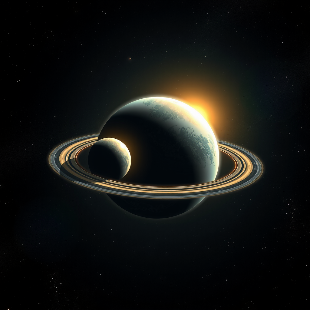 Erstelle ein Bild von einem Lebensfreundlichen Planeten mit einem Ring und zwei Monden