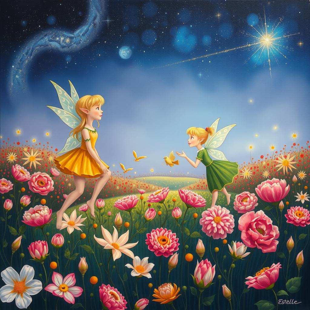 Estelle eine Welt mit ganz vielen Elfen, schönen Blumen und nutze Türkis, Lila, Hautfarbe und Rosa. Nachts mit Halbmond und Einhörner. Klarer Himmel und Sternschnuppen.