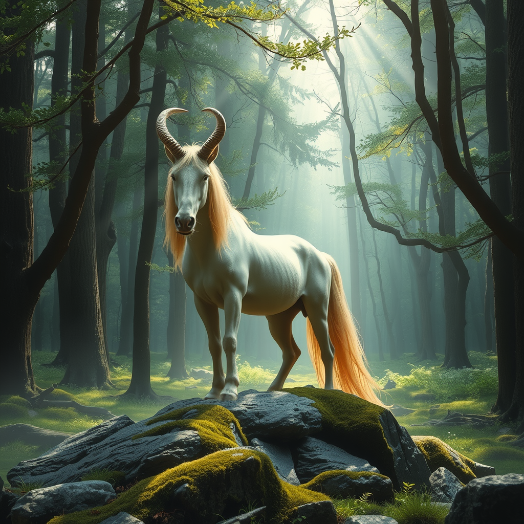 Erstelle ein Fantasy Bild mit einer Lichtung im Wald wo ein silbernes Einhorn drauf steht