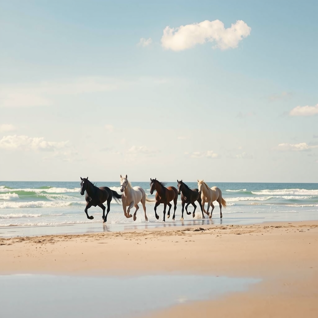 Erstelle ein Bild mit einer Herde von Pferden die am Strand galoppieren