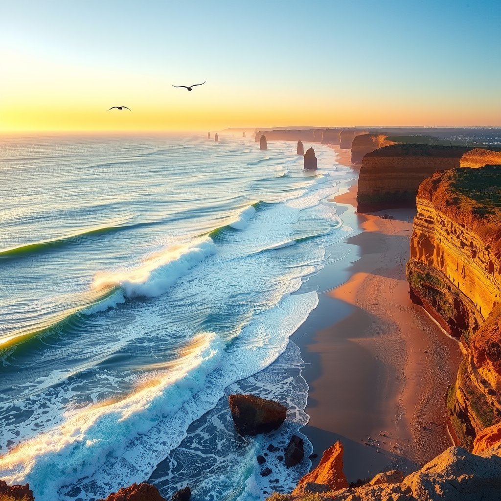 Create an image with a beautiful beach and many set of waves coming in. show it from 250 meters far away, from high rocks, like a bird perspective. It's more about the environment and the perfect wave conditions. the sun is rising and there is no one at the beach, There are off-shore conditions, birds flying around and we can see at the horizon waves coming in one after each other.