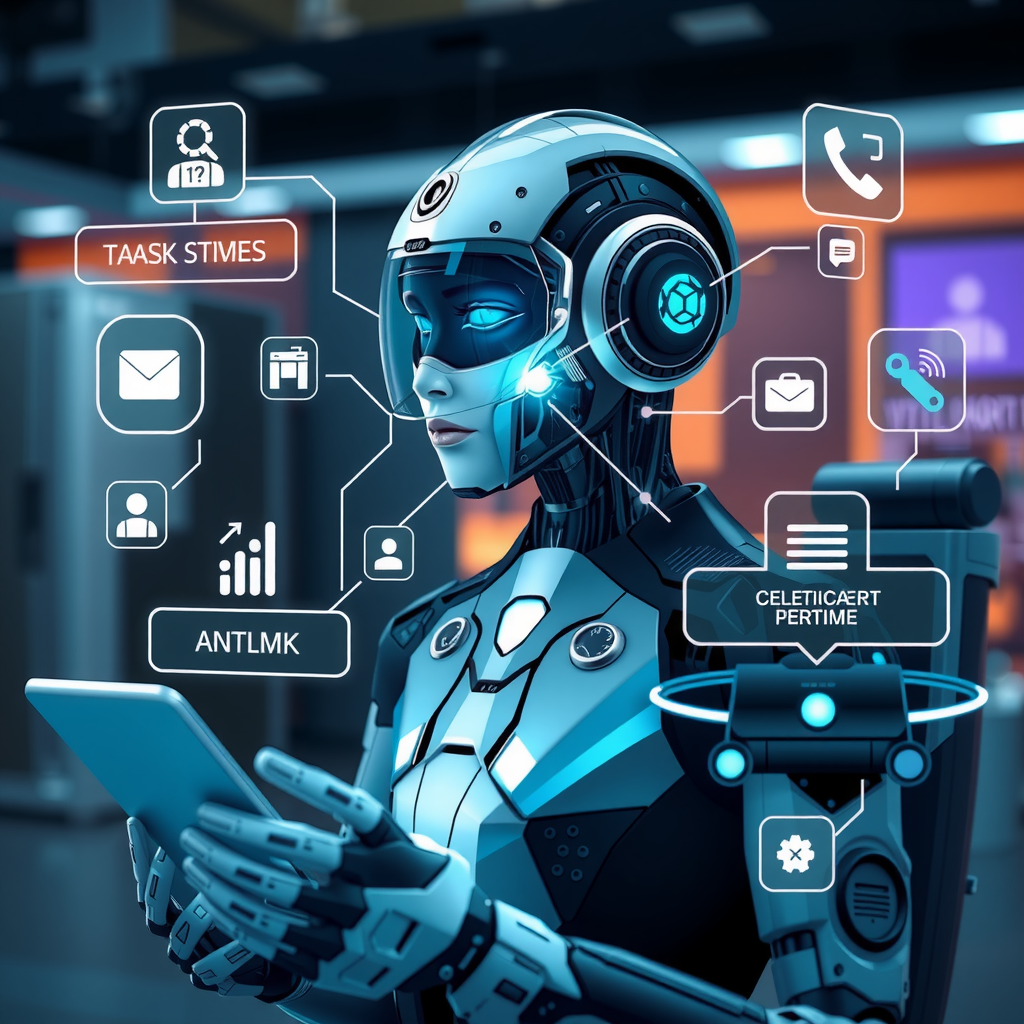 A futuristic AI assistant handling various business tasks.