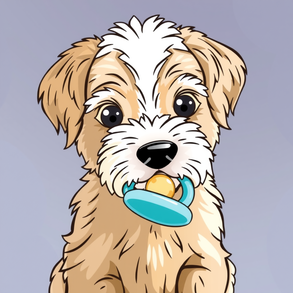 Create a picture of a Mops puppy with a pacifier in its mouth.