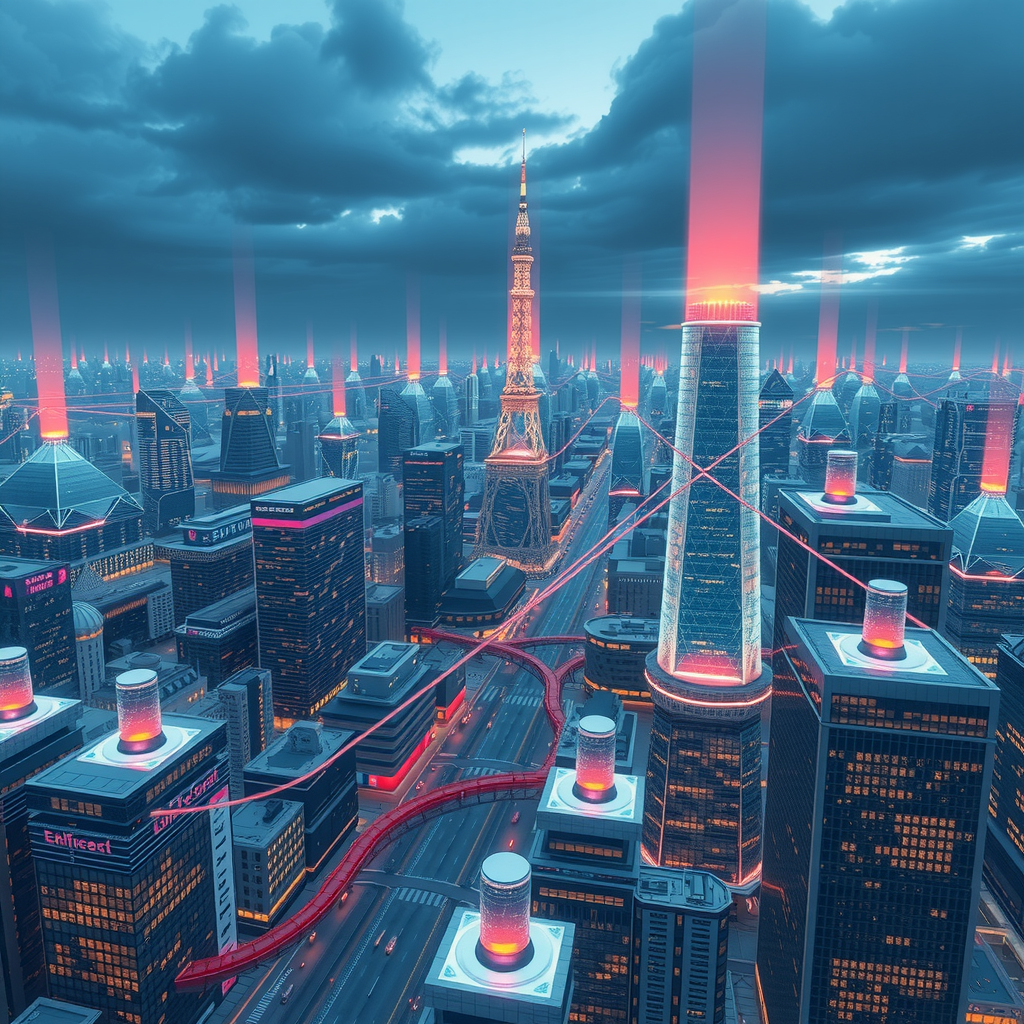 A futuristic city powered by decentralized blockchain nodes, showing a transparent system.