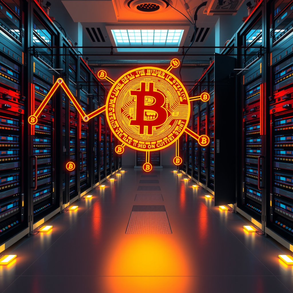 Create a image showing a crypto mining data center which is producing bitcoins or other crypto currencies