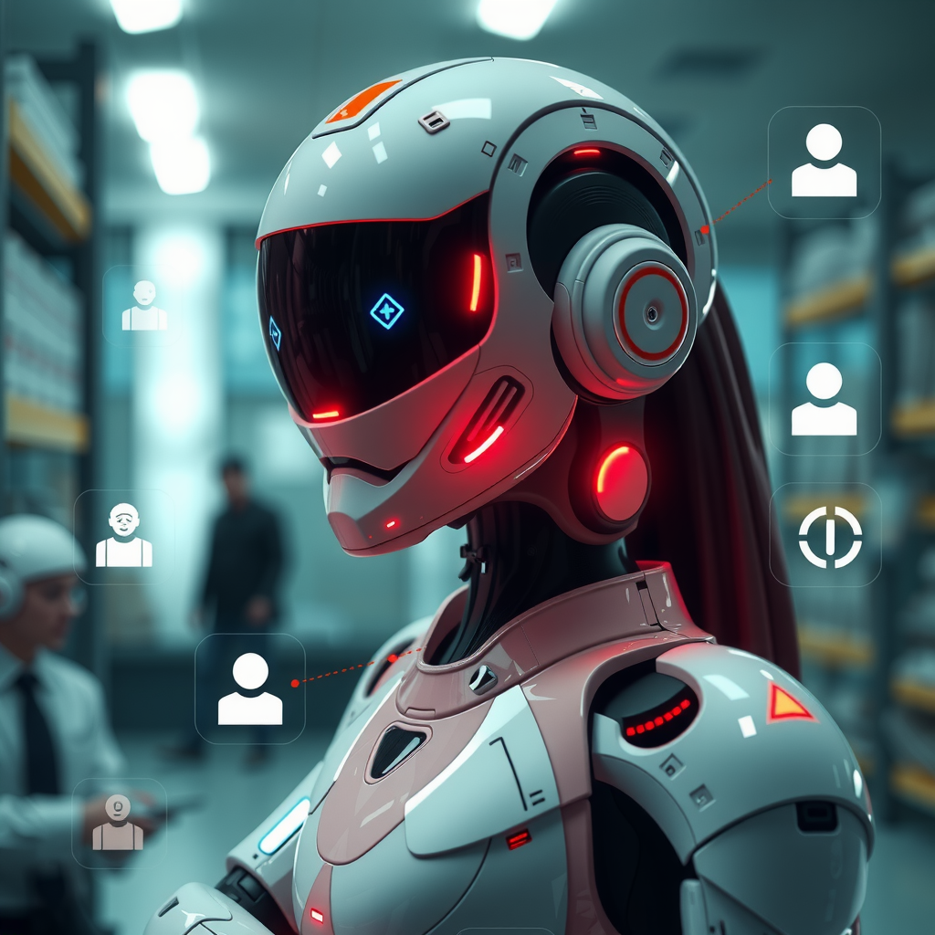 A futuristic AI assistant handling various business tasks.