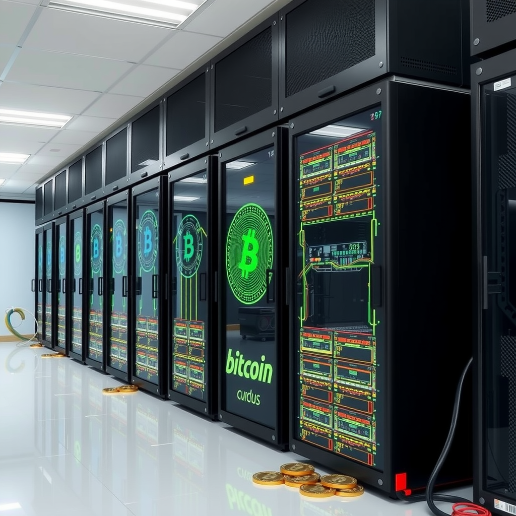 Create a image showing a crypto mining data center which is producing bitcoins or other crypto currencies