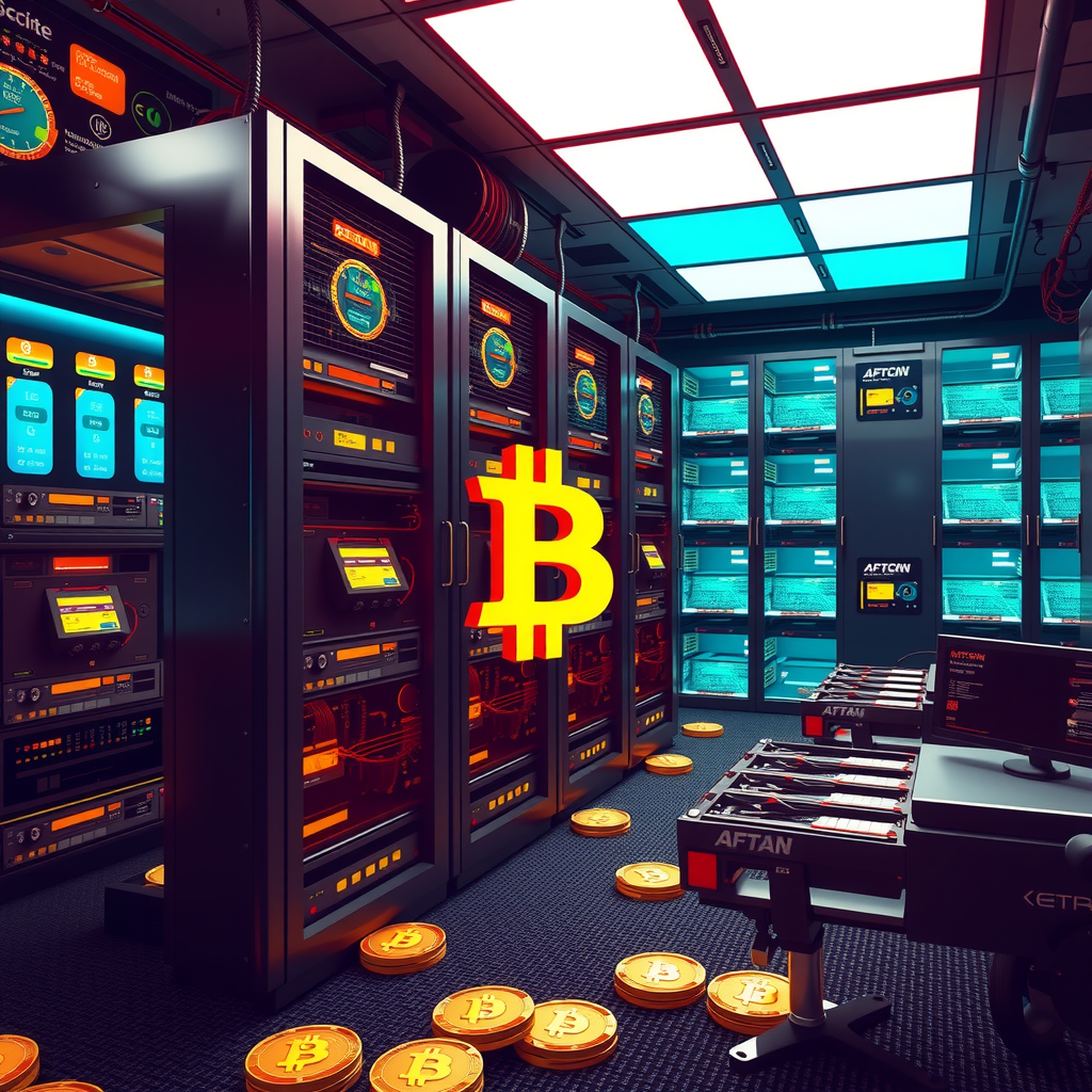 Create a image showing a crypto mining data center which is producing bitcoins or other crypto currencies