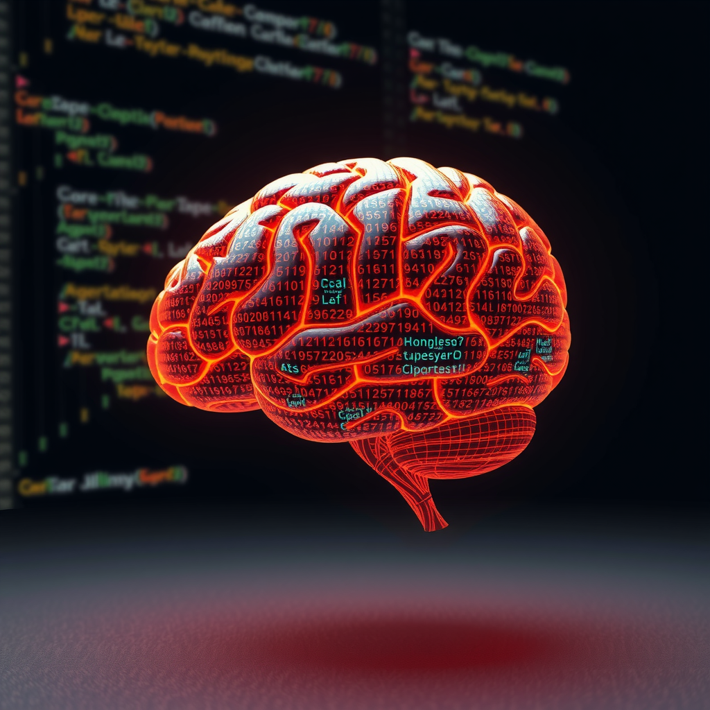 ai-generated image of a digital brain made of code and data, symbolizing complex algorithmic thinking