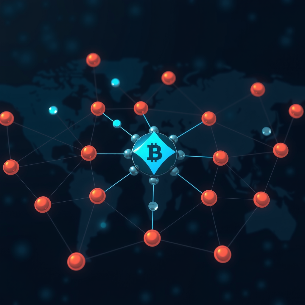 Create an image showing a blockchain in a abstract way with nodes and edges. A kind of network that is running the blockchain.